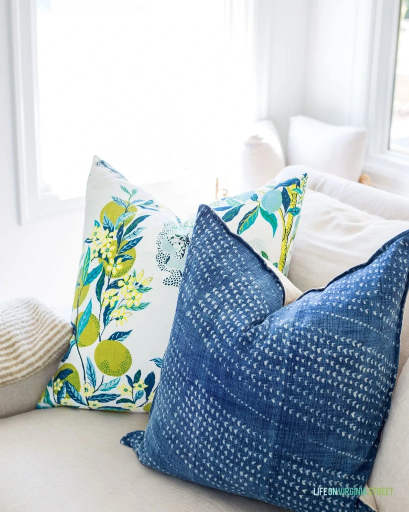 Lemon and citrus pillows paired with these pretty hand-dyed blue pillows.