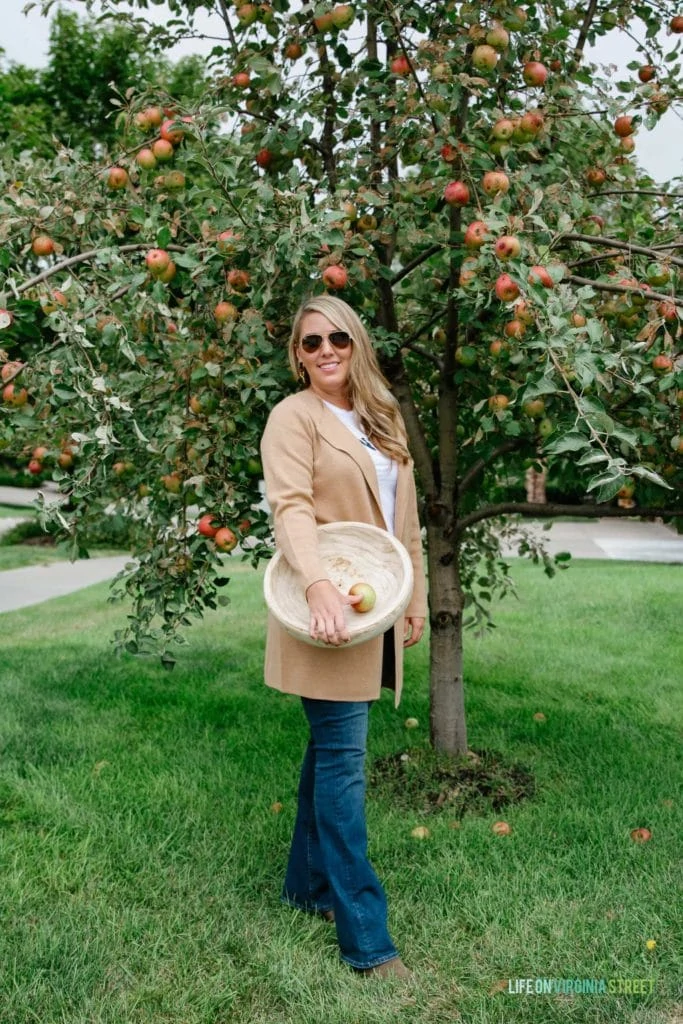Sarah in front of a large apple tree with a bowl picking apples.