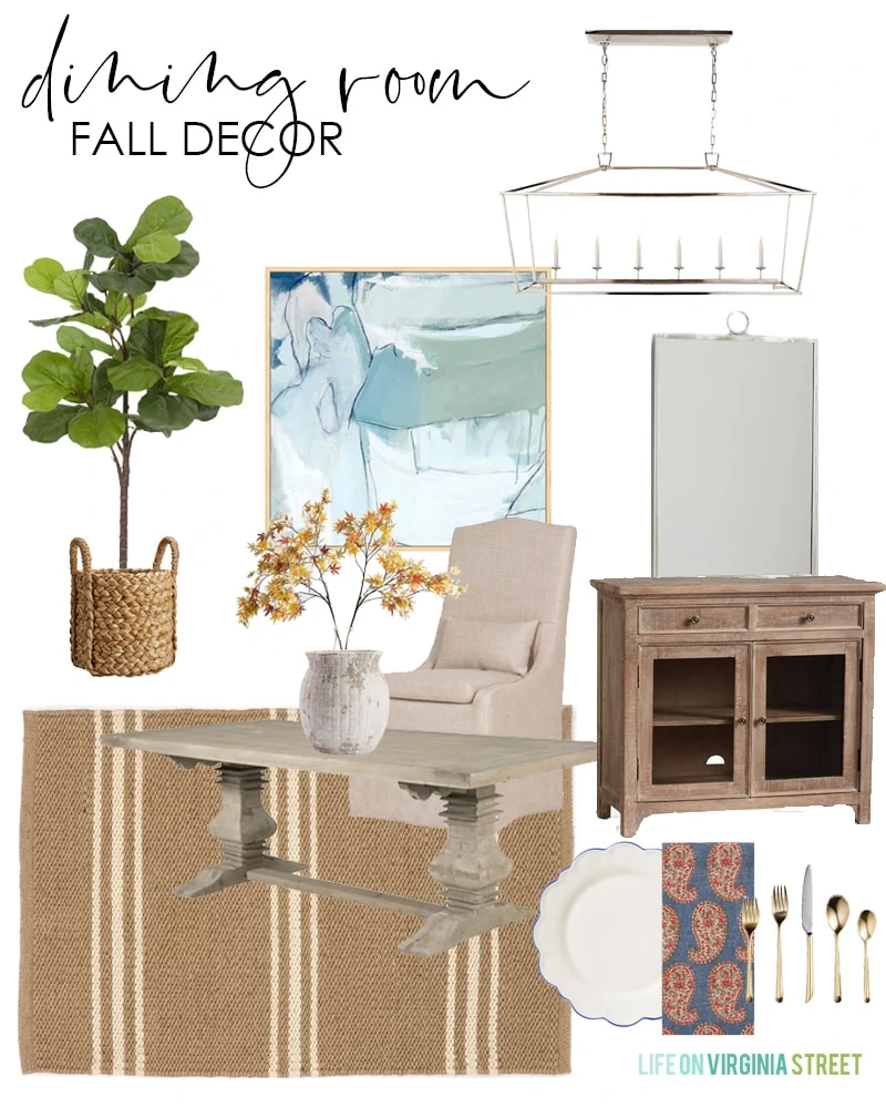 A beautiful design board for a dining room decorated for fall! Used paisley napkins, faux maple stems, a natural striped rug, faux fiddle leaf fig tree, and more!