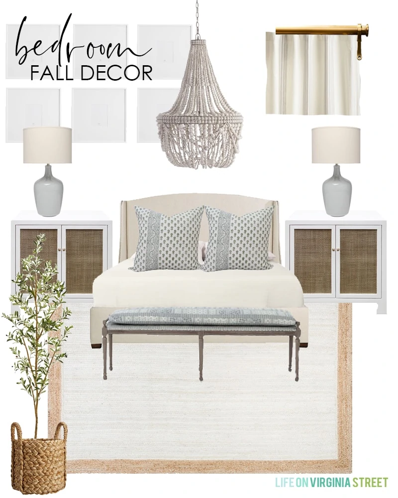 Fall bedroom decorating ideas with faux olive tree and neutral accents and natural textures.