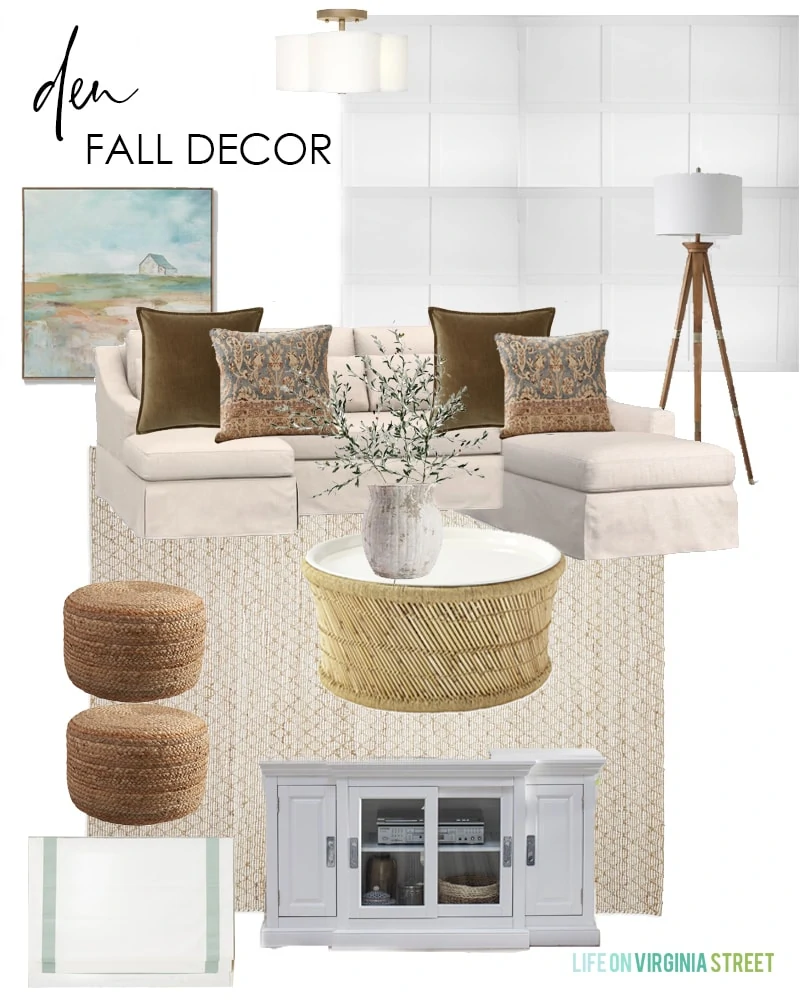 Den fall decorating ideas. I love the warm velvet pillows, abstract barn art, bamboo coffee table, faux olive stems and more!