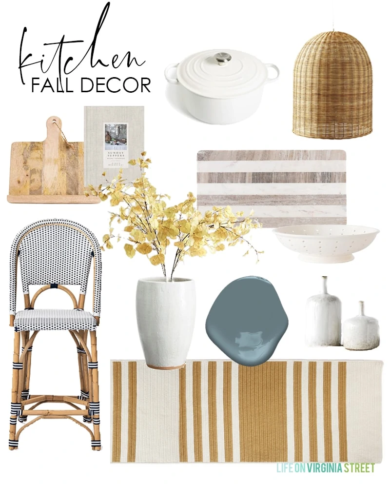This pretty kitchen fall decor design board use neutral colors paired with gold and blue to create a warm space for autumn!