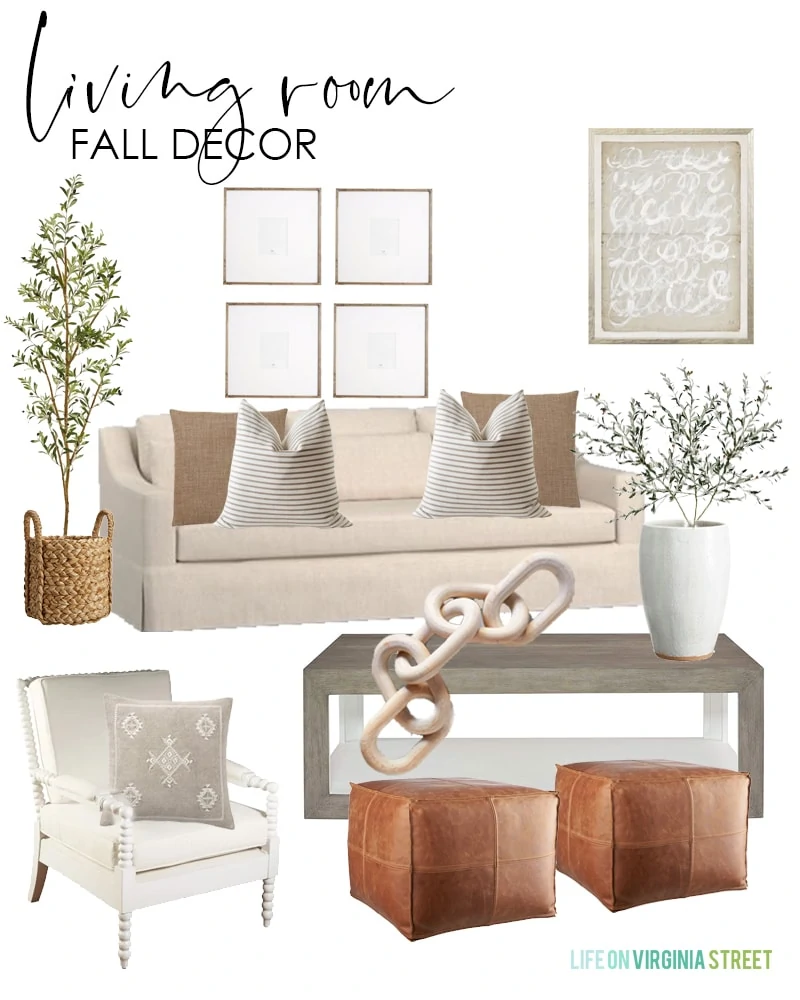 These living room fall decorating ideas are beautiful! Love the relaxed yet polished vibe of this room using a linen sofa, spindle chairs, leather poufs, faux olive tree and stems, linen pillows, striped pillow and a wood chain decor piece!