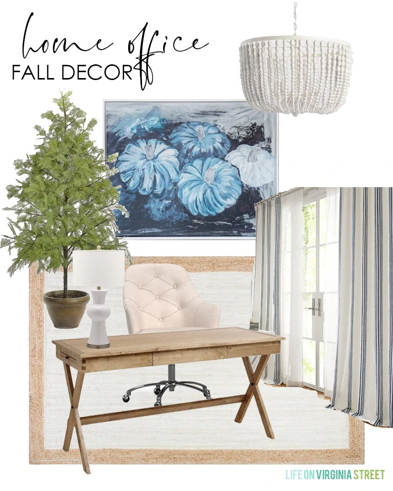 Home office fall decorating ideas. Includes blue pumpkin art and faux cypress tree.