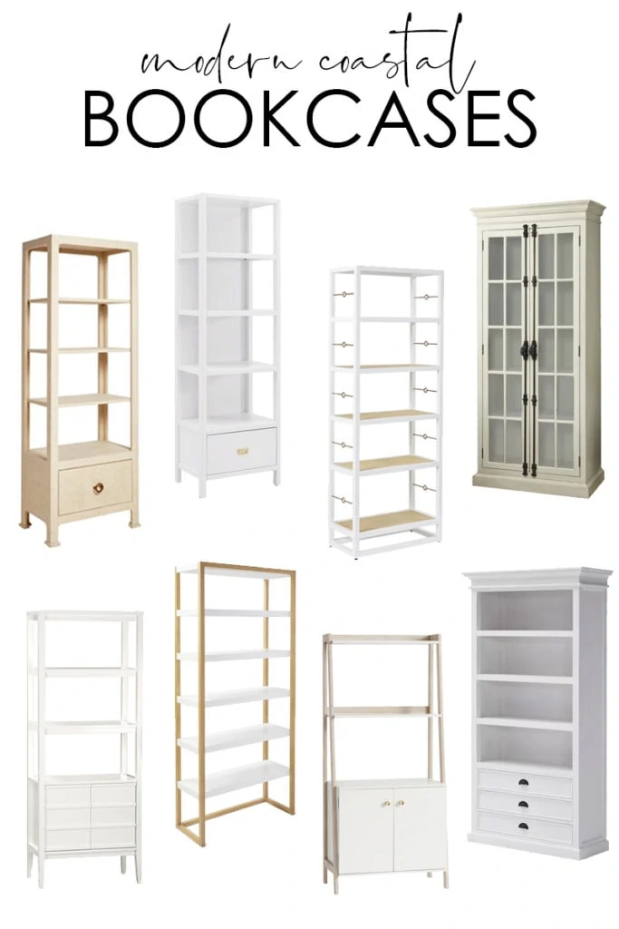 20+ modern coastal bookcase options are perfect for a variety of decorating styles! There are multiple styles, colors, heights, and price levels shows! Love the mix of white wood, driftwood, raffia covered bookcases, and more!