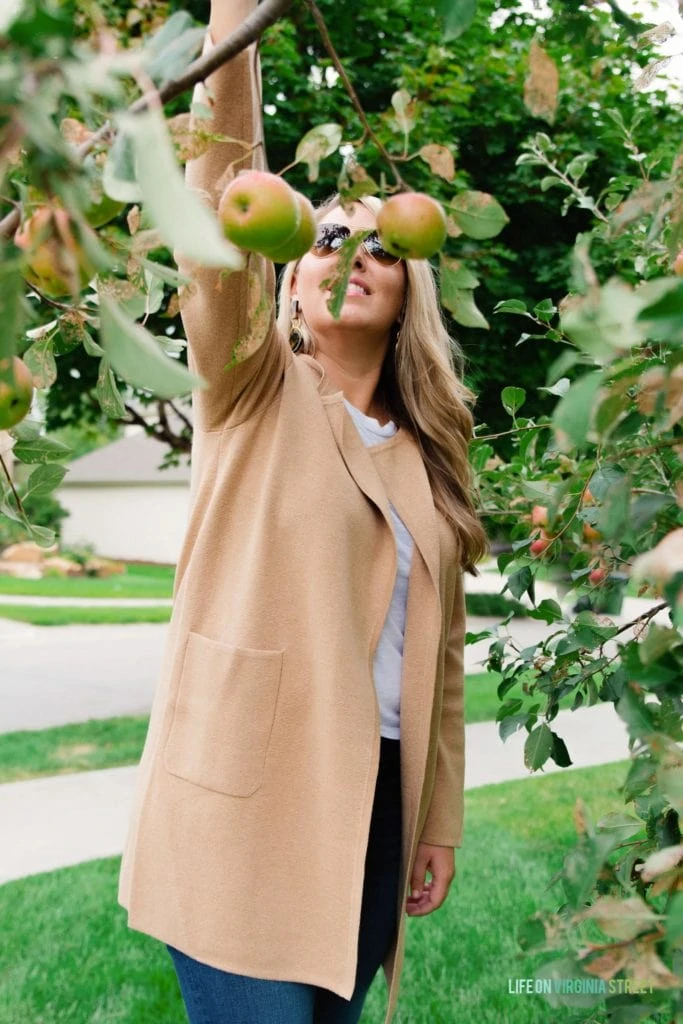 Reaching up to the tree and picking an apple in her camel neutral light coat.