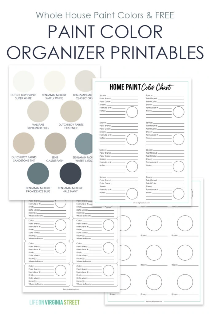 These paint color organizer printables are designed to help you keep all the paint colors in your house straight! There's a sheet to keep at home, labels for your paint cans, and a handy guide you can keep in your purse or wallet!