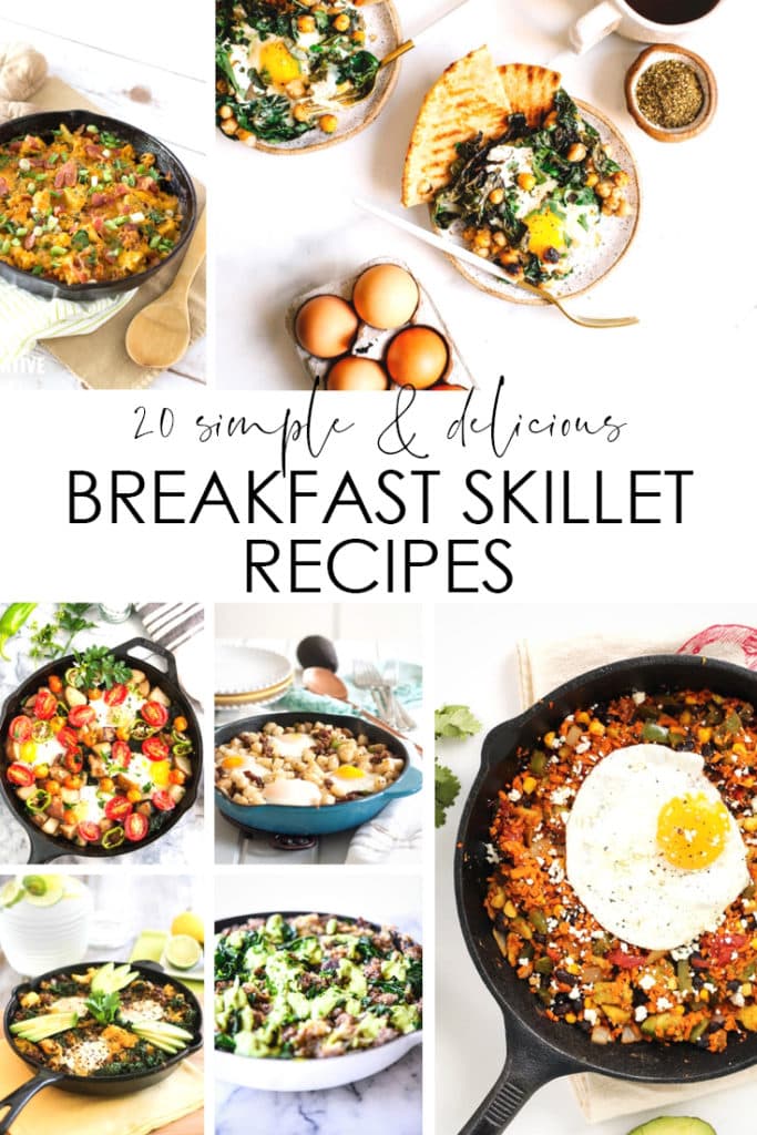 A collection of 20 simple and delicious breakfast skillet recipes! These meal ideas are easy to customize and contain a wide variety of ingredients! Includes Paleo friendly, low carb, and egg-free options!