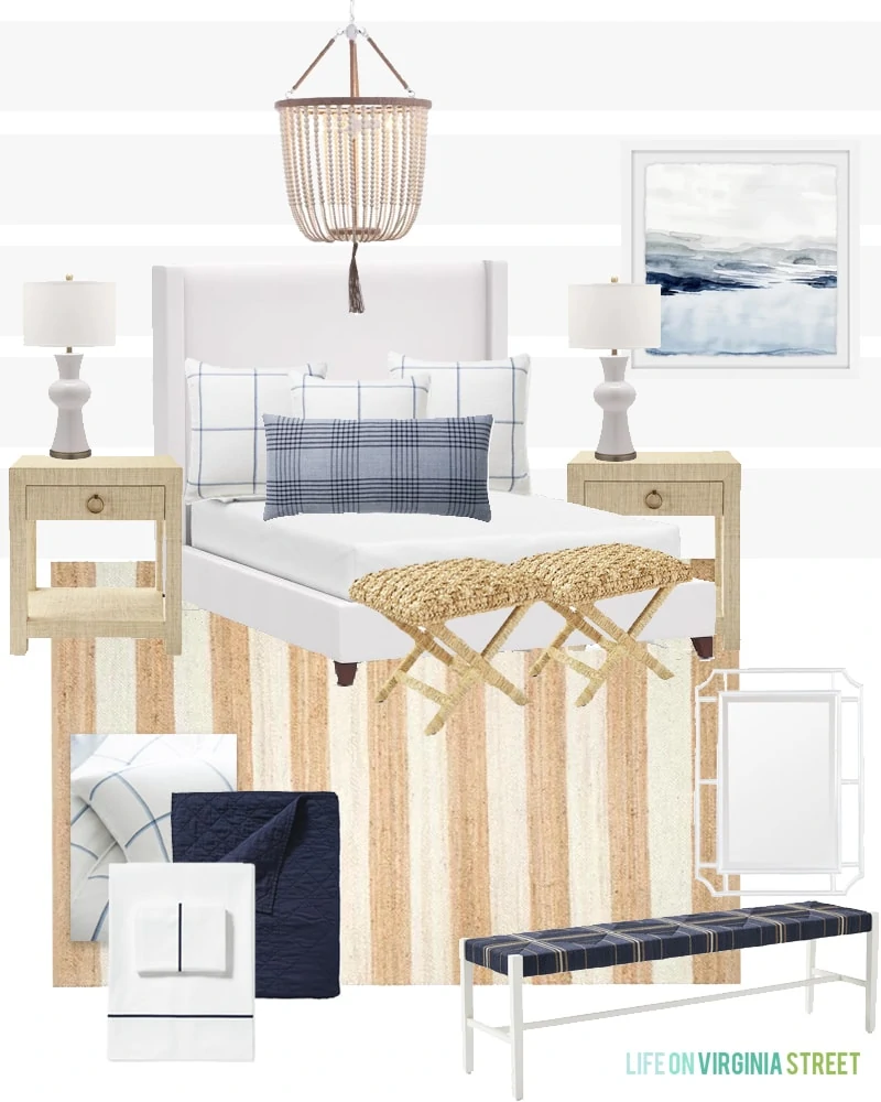 A coastal bedroom design moodboard featuring a white upholstered bed frame along with blue, white and neutral accents. Post includes a lot of other wood, cane and upholstered beds that would work well in a variety of bedrooms!