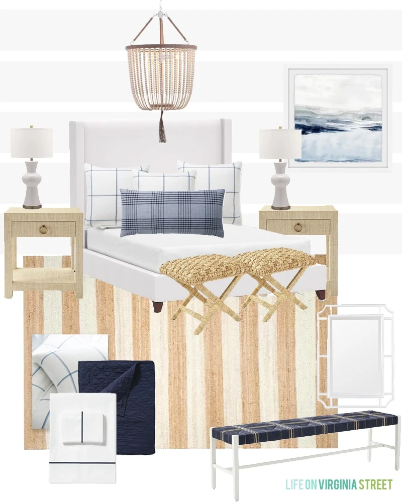 A gorgeous bedroom design board and plans to update for a chic coastal vibe! Includes a white upholstered bed, plaid pillows, a striped jute rug, white bead chandelier, and more!