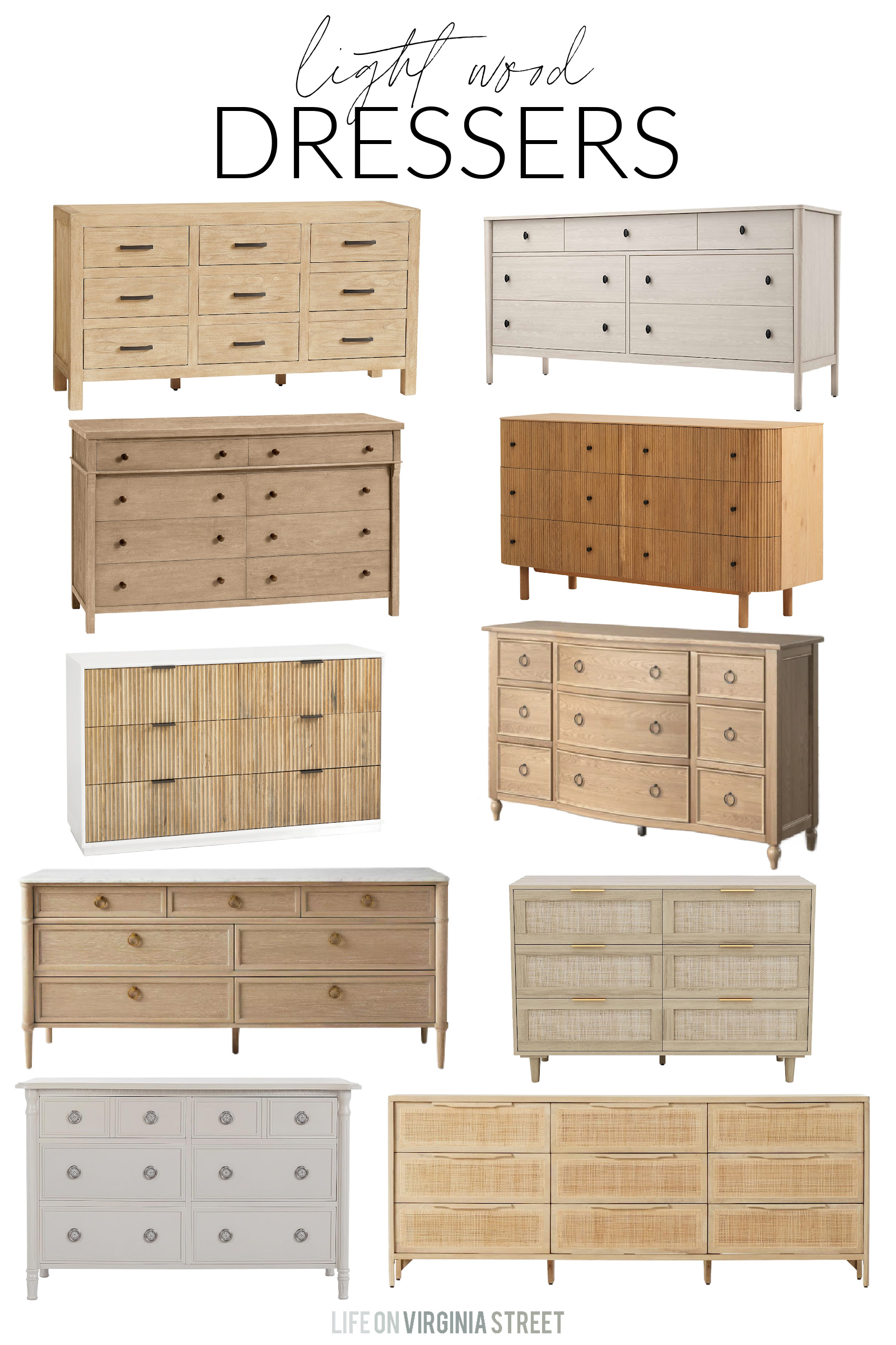 A collection of light wood dressers for a variety of decorating styles and budgets.