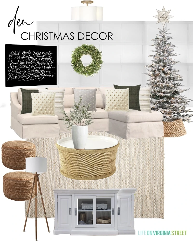 Den Christmas decorating ideas for 2019. I love the Silent Night canvas art mixed with the neutral decor and flocked Christmas tree.