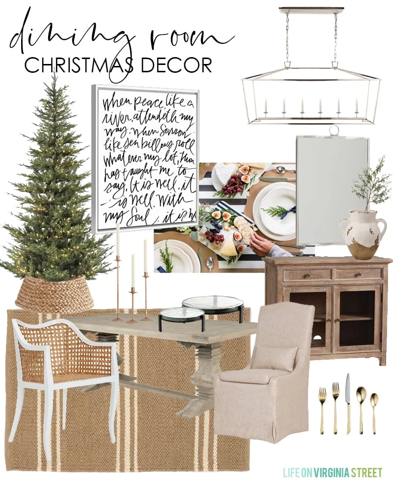 Dining room Christmas decorating ideas. Pretty, natural colors with a striped rug, and silver chandelier.