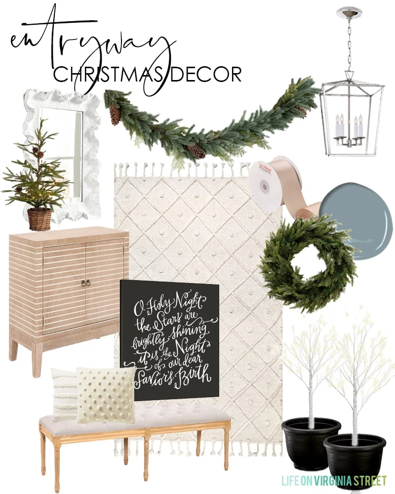 Entryway Christmas decorating ideas for 2019. I love this neutral take on Christmas decor with blush and ivory mixed with natural greenery.