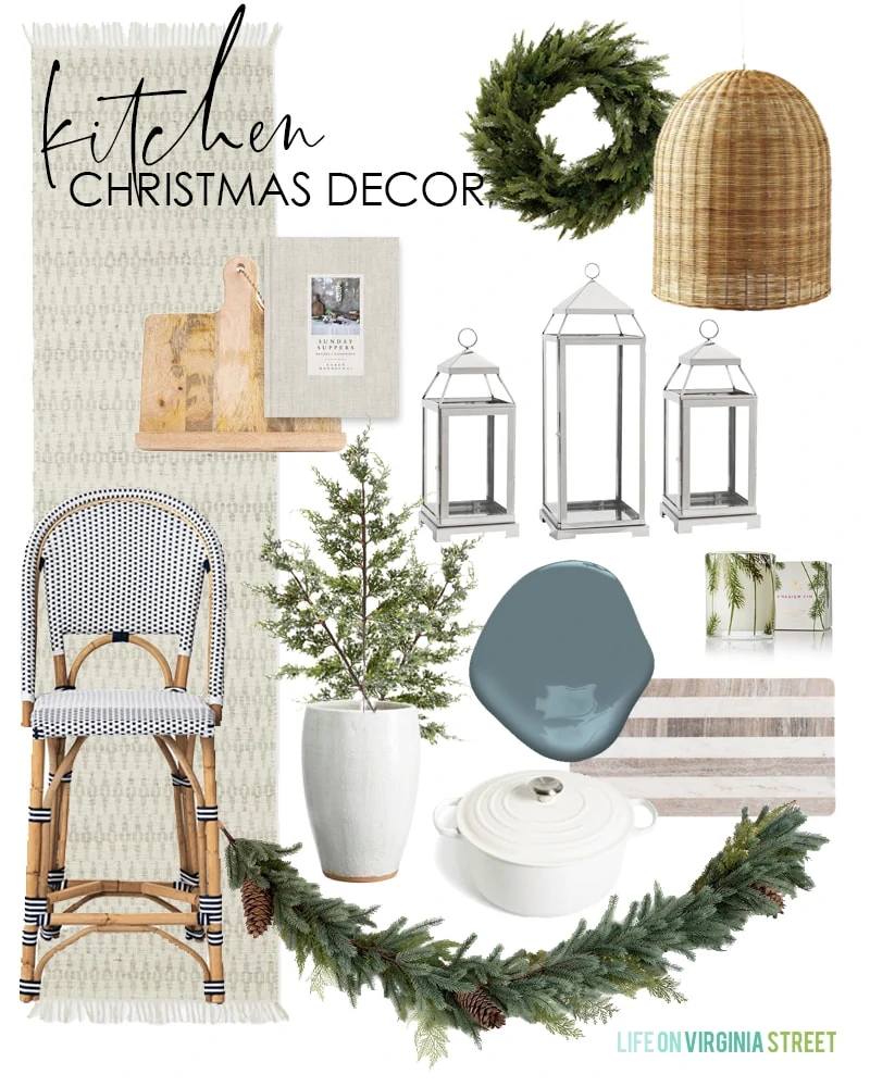 Simple Christmas decorating ideas for your kitchen! Love the ideas of the wreath in the window and silver lanterns filled with faux snow.