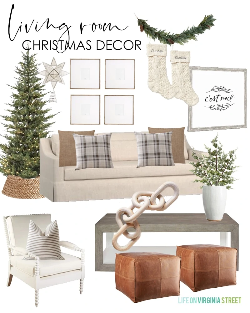 Living room Christmas decorating ideas for 2019. Love this simple, neutral plaid look for the holidays. Filled with a natural looking Christmas tree, woven basket tree collar, and chunky knit stockings.