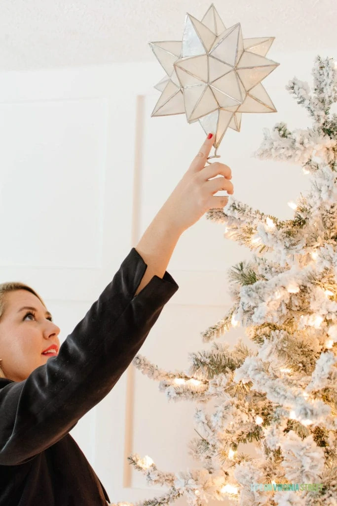 This Capiz Moravian Star Tree Topper is my favorite this year and is beautiful with our flocked Christmas tree.