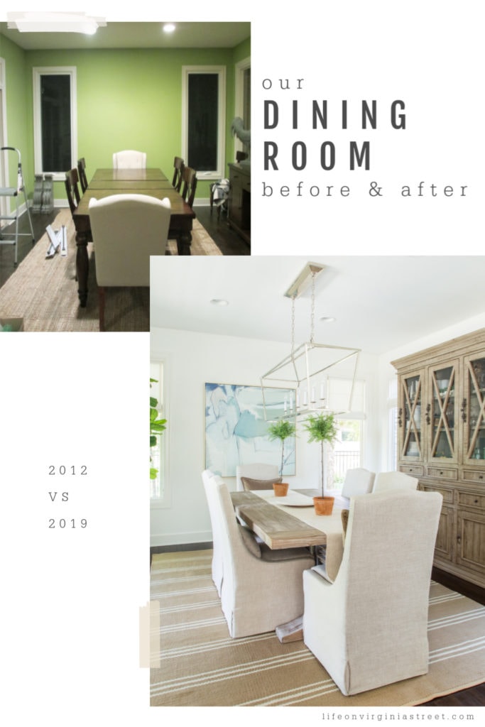 The dining room is coastal white with a graphic blue picture and a Darlana pendant light above the table.