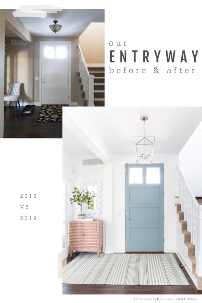 Two pictures showing how the entryway has changed over the years. The front for is now a light blue with a pretty chandelier in the foyer.