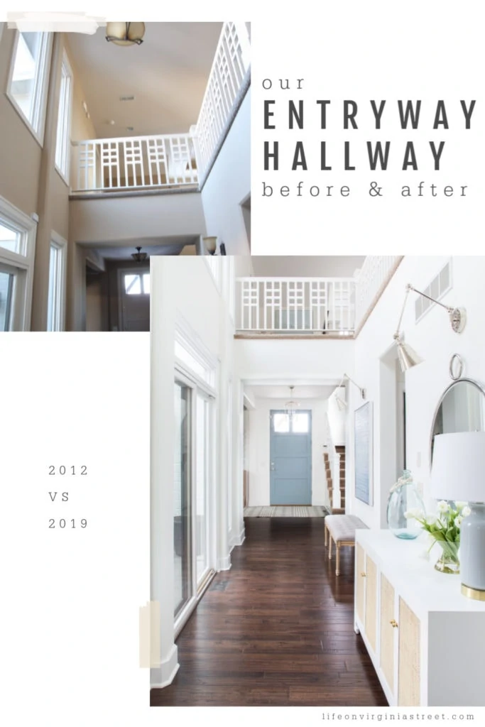 The entryway hallway painted a bright white with a console table in the hallway.