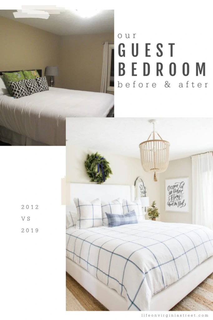 The guest bedroom with blue and white bedding and a beaded chandelier above the bed.