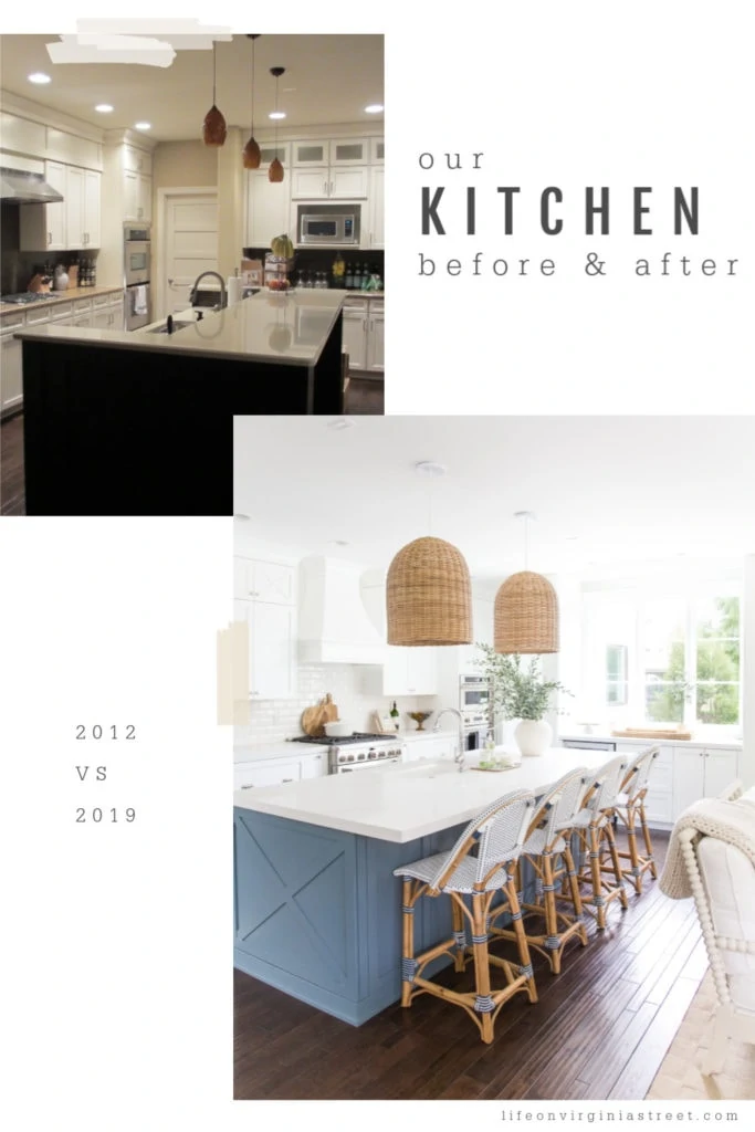 A coastal kitchen after picture with a light blue island and large pendant lights above the island.