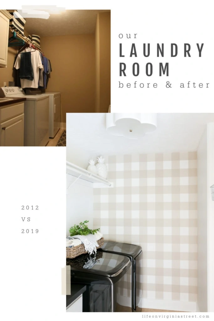A laundry room with a checkered wall.