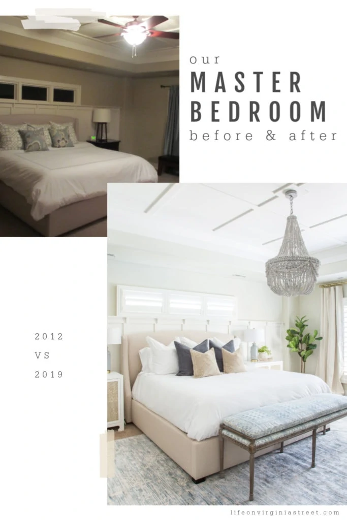 The master bedroom before and after picture, with a small bench at the foot of the bed. There is a large beaded chandelier above the bed.
