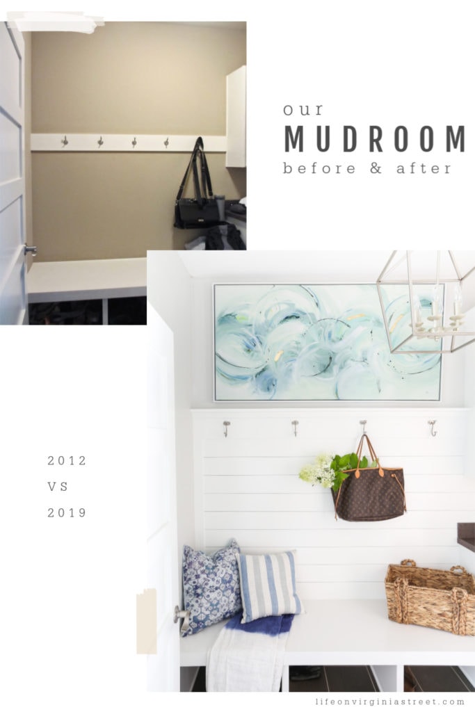 The light and bright mudroom with a tote bag hung up and flowers in the tote.
