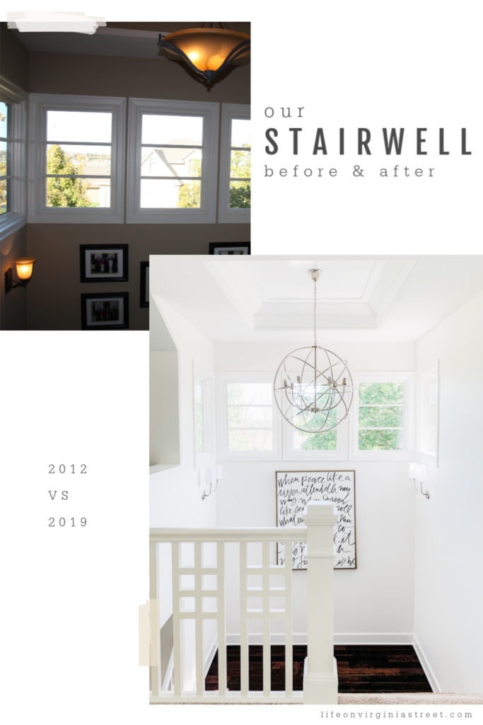 A large round chandelier is in the stairwell of the hallway in the after picture.