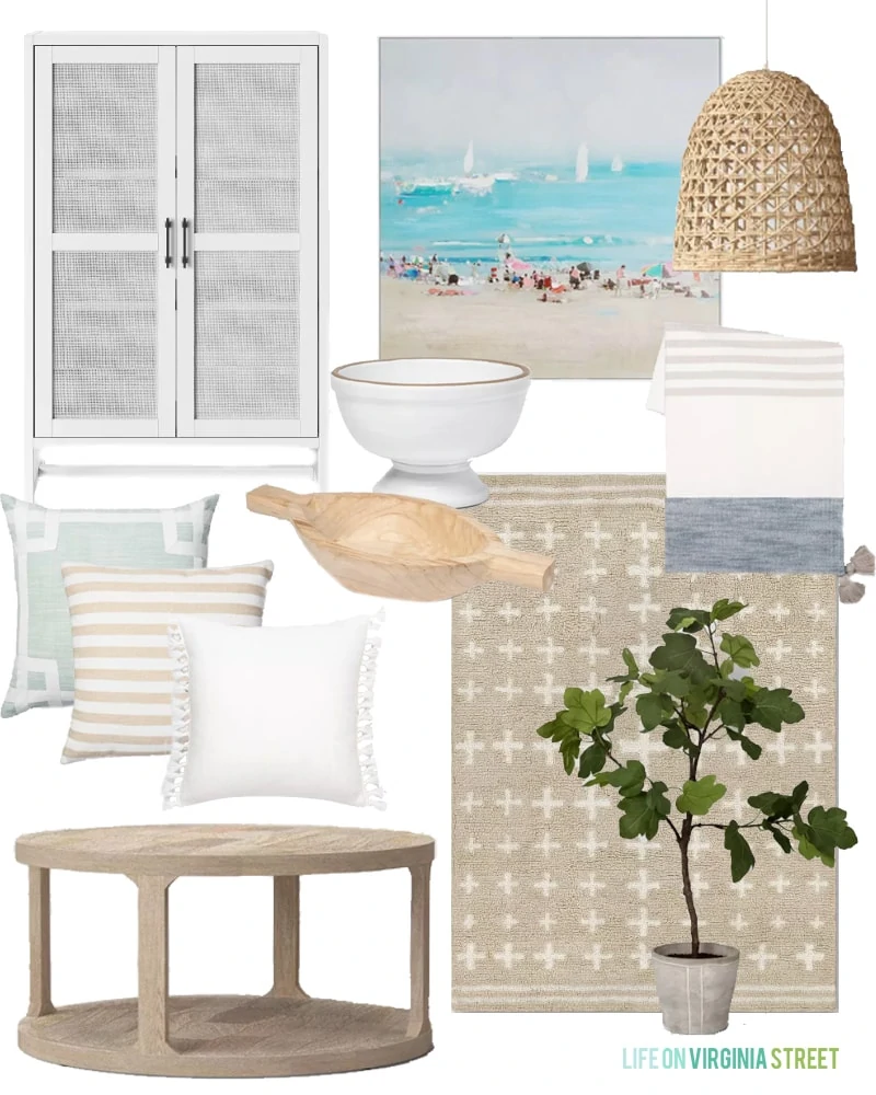 Coastal inspired Target home decor finds. Also includes more farmhouse, modern, and boho chic looks. I love the cross rug paired with the beach art, woven pendant light, white rattan cabinet, light wood coffee table and more!