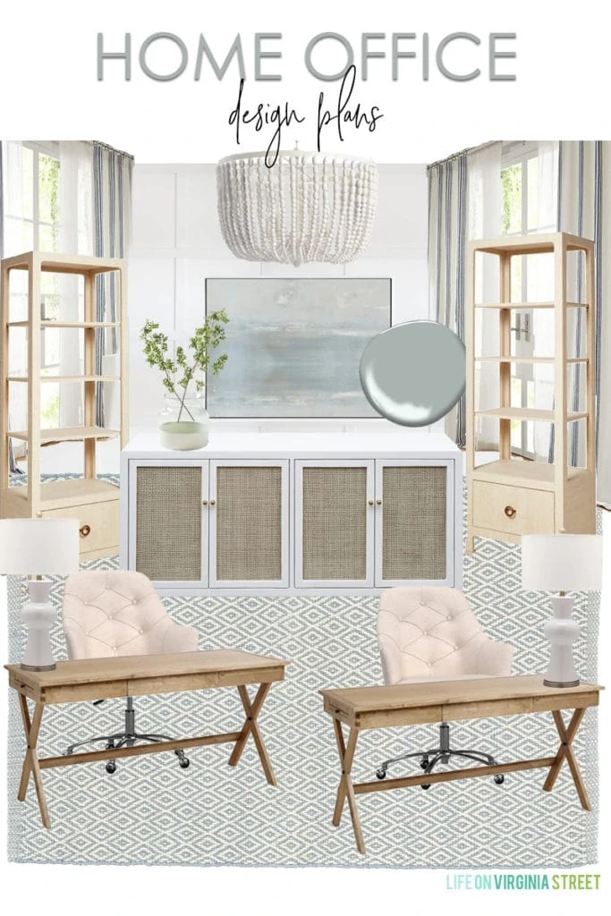 A shared home office design plan with neutral, blue, and white touches throughout. I love the wood desks paired with linen desk chairs, grasscloth bookcases, cane cabinet, blue abstract art and white wood bead chandelier!