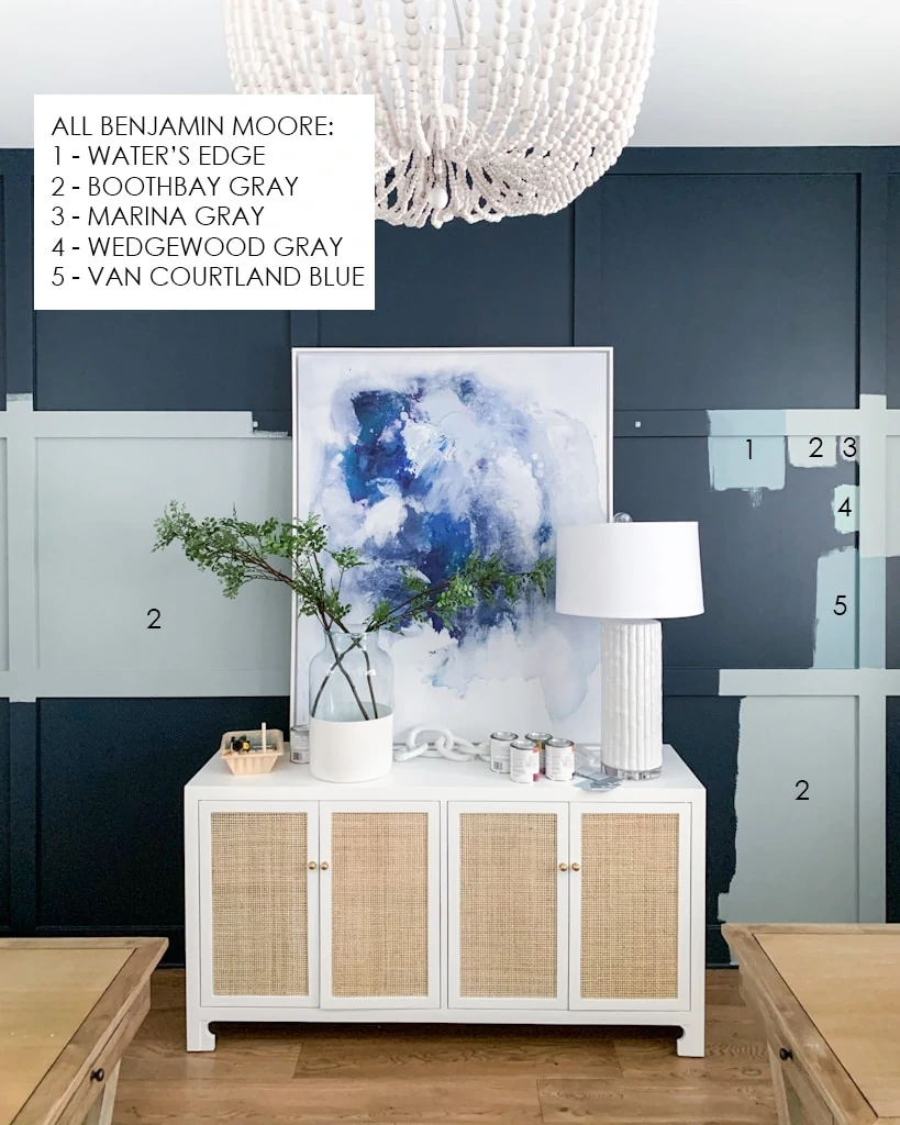 Blue gray paint sample options in our home office design plans.