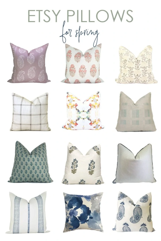 A curated collection of gorgeous Etsy pillows that are perfect for spring decorating! Includes paisley, floral, stripe and plaid pillow pattern options for all budgets!