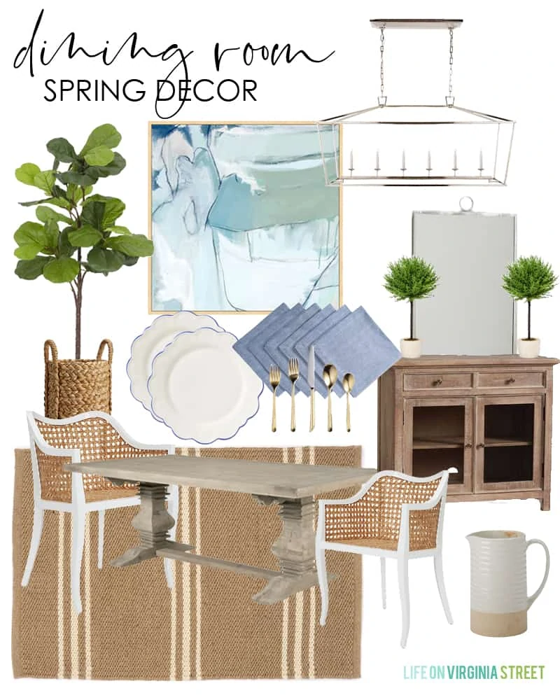 Dining room spring decor design board. Get tips on how to make mood boards and design boards for all your design needs!