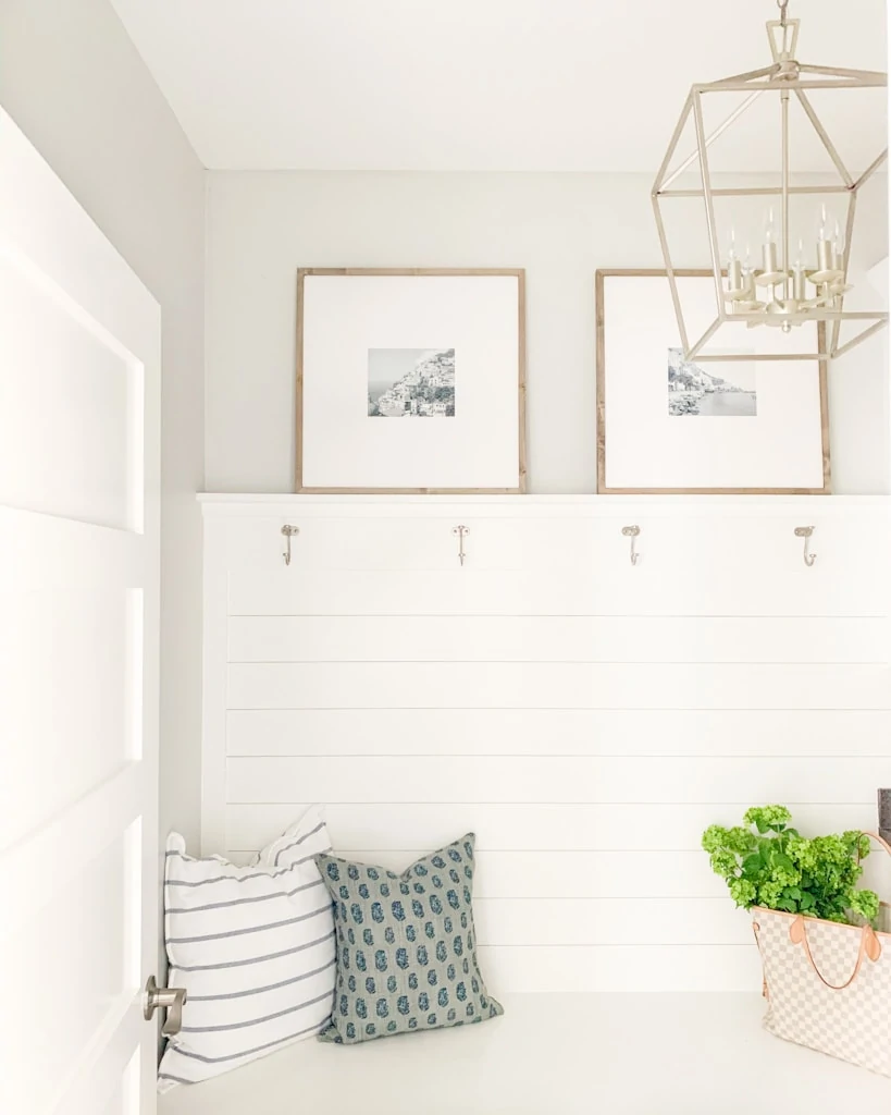A coastal inspired mud room with white shiplap and a copycat Darlana pendant light fixture option for less!