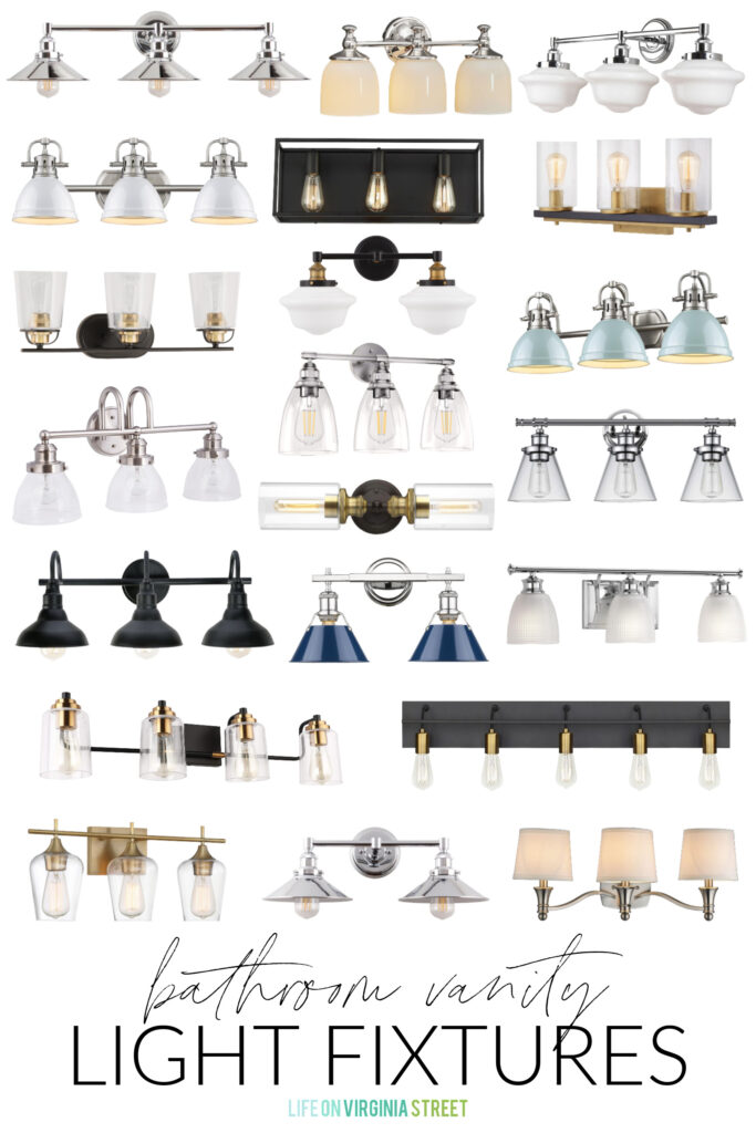 My favorite bathroom vanity light fixtures for bathroom. Includes a range of budgets and decorating styles to find the perfect bathrom light for your home!
