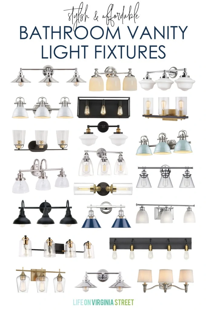 A collection of stylish and affordable bathroom vanity lights for all budgets! Includes a variety of light fixture finishes and bulb needs!