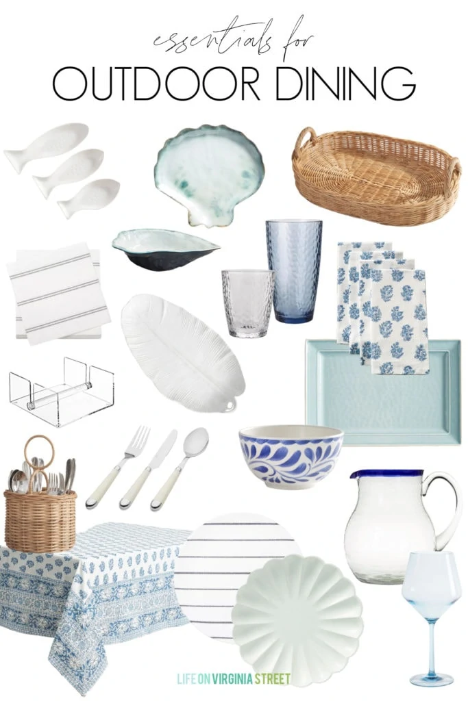 A collection of outdoor dining essentials like melamine plates, napkin holders, acrylic glasses, serving trays and more!