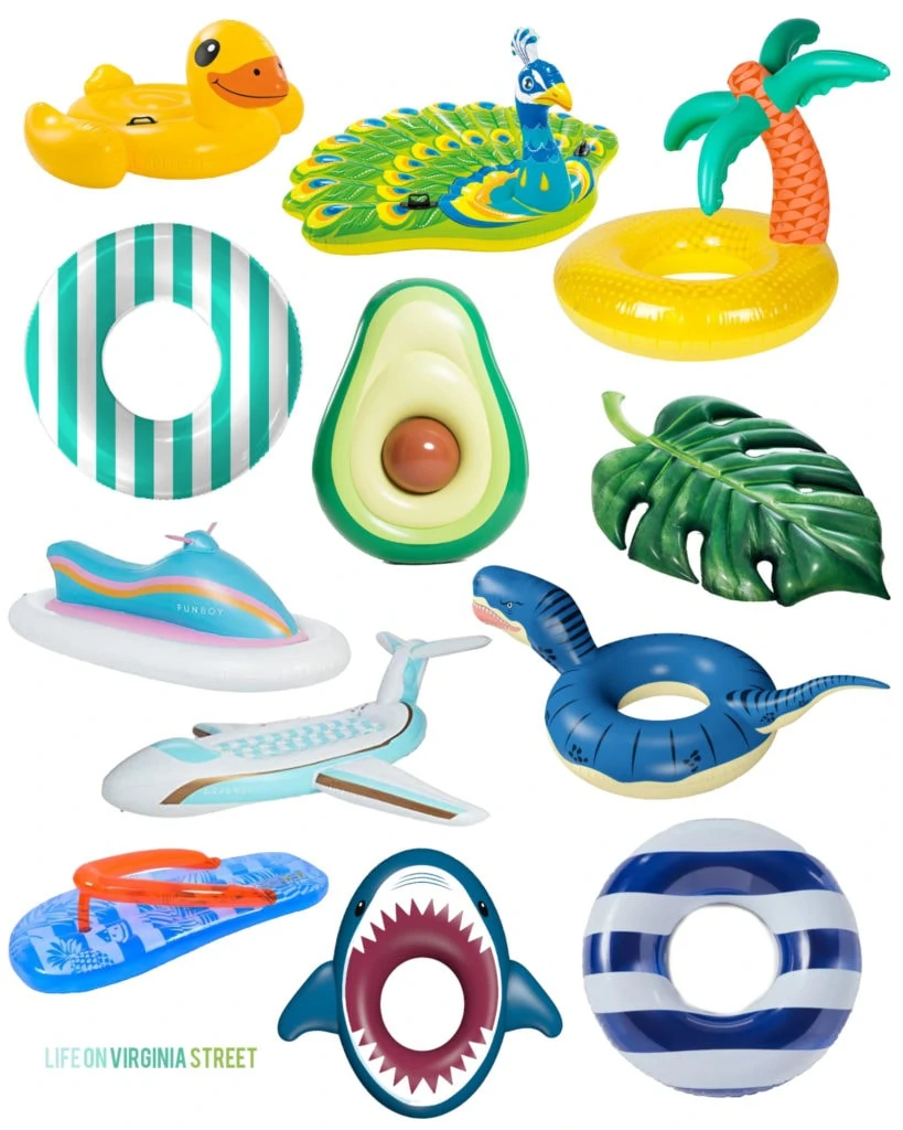 Colorful and fun pool floats of all sizes, shapes and designs. Includes a peacock, tropical island, t-rex dinosaur, airplane, shark, and more!