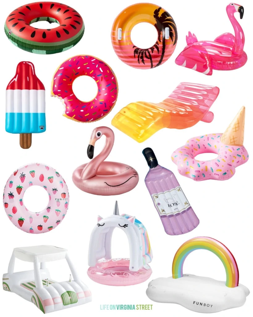 Colorful summer pool floats that are perfect for summer! Includes a watermelon pool ring, rose gold flamingo pool float, water golf card, unicorn, rose bottle, melted ice cream and more!