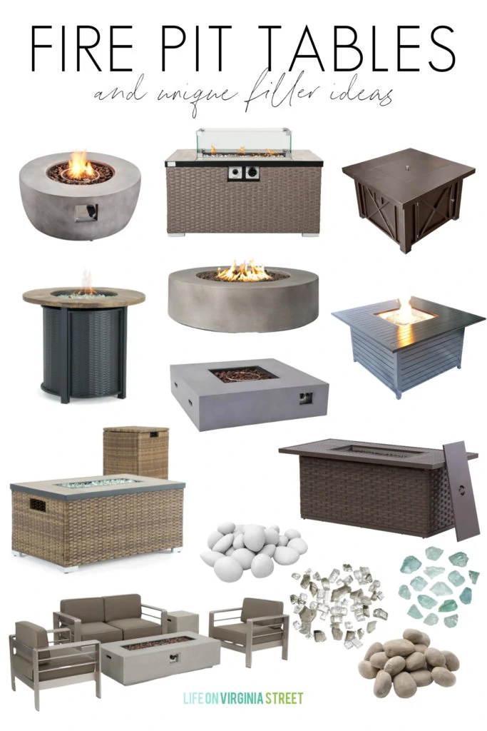 A collection of fire pit tables, fire pit sets, and unique fire pit filler ideas!