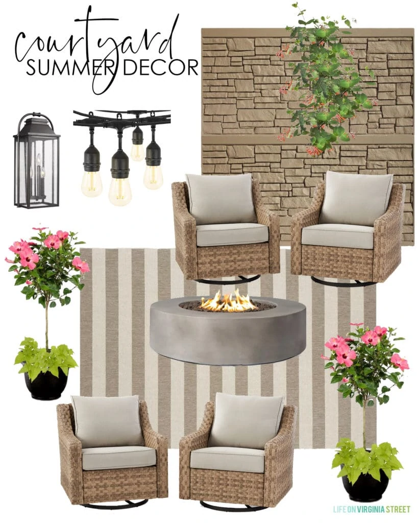 Outdoor courtyard summer decorating ideas. Includes a neutral striped outdoor rug, swivel chairs, fire pit, lanterns, and string lights.