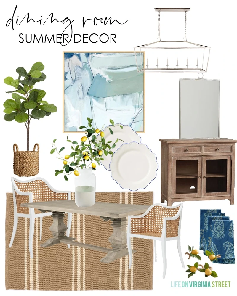 Dining room summer decorating ideas with cane chairs, wood table, striped rug, blue abstract art, faux lemon stems, lemon napkin rings, paisley napkins and a faux fiddle leaf fig tree.