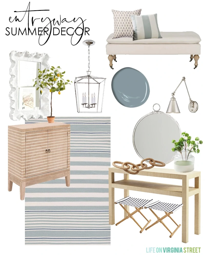 Summer decorating ideas and a mood board for a coastal inspired entryway. Includes a striped rug, wood cabinet, raffia wrapped console table, lemon trees and more!