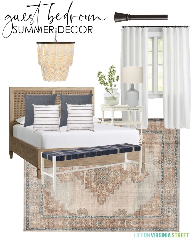 A simple guest bedroom design board with a vintage style rug, cane bed, linen pillows, bead chandelier, and striped pillows for summer.
