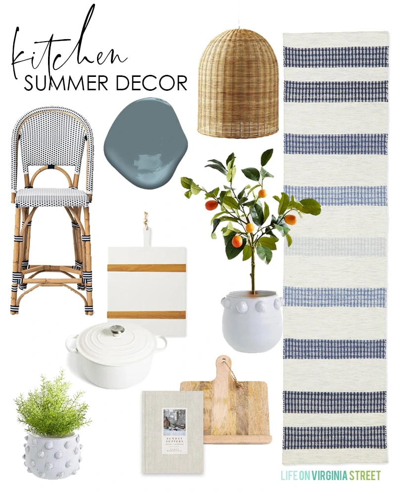 Kitchen decorating ideas for summer with bistro bar stools, a striped runner rug, faux citrus topiary, basket pendant lights, white striped bread board and white dutch oven.