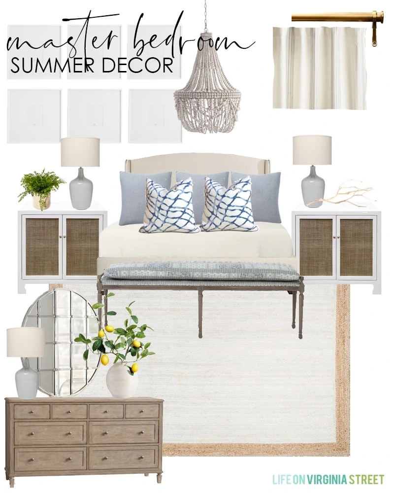 Master bedroom decorating ideas for summer with an upholstered bed, blue patterned bench, water print pillows, lemon greenery, bead chandelier, gallery wall, and cane nightstands.