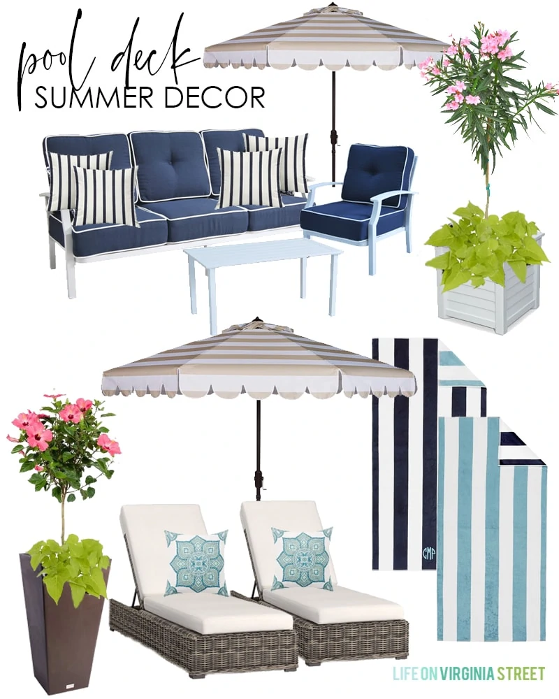 Design board for a pool deck with wicker chaise lounge chairs, striped and scalloped umbrella, navy blue and white conversation set, striped outdoor pool towels, and colorful planters.