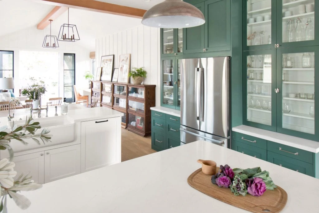 Benjamin Moore Lafayette Green Cabinets via Rosa Beltran Design